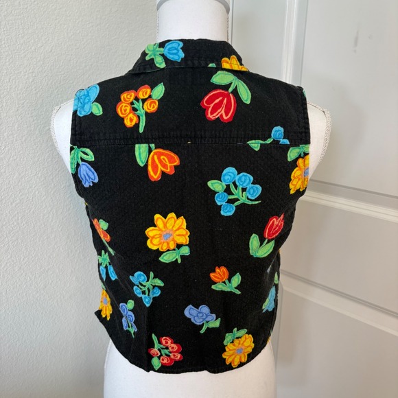 Vintage Guess Jeans Floral Sleeveless Button Down Vest Top Black Multi Color M - Picture 3 of 5